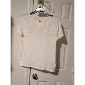 Talbots Womens  White 100 % Cotton Knit Top W/Lace Trim Size Large